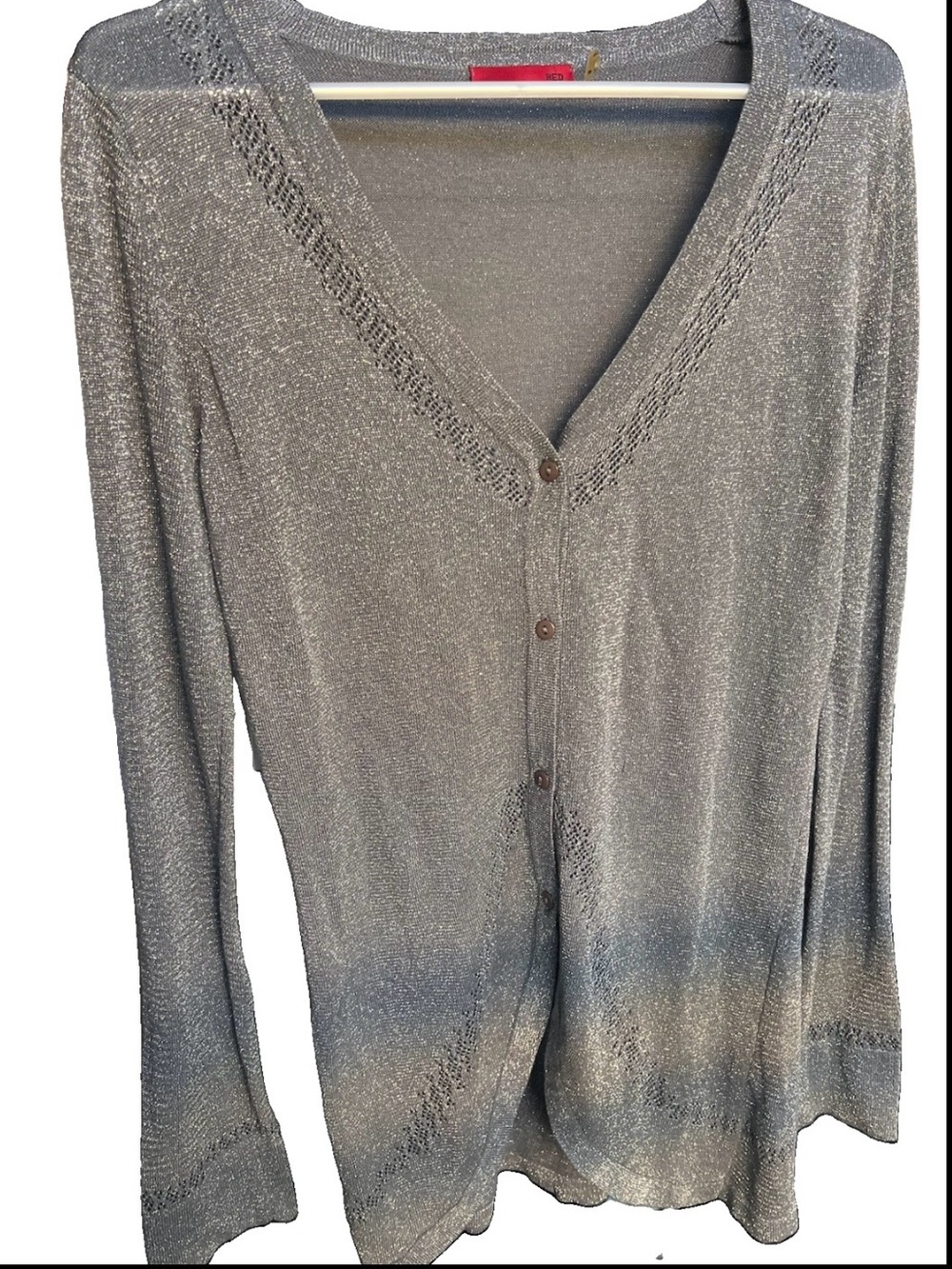 Red Metallic Silver Knit V‑Neck Button Cardigan Sweater